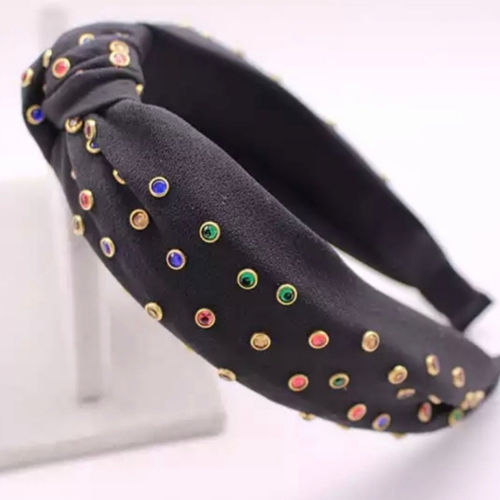BLACK knotted headband multicolor rhinestones crystals gold rimmed stones gems - Picture 2 of 5